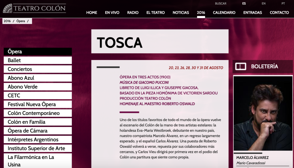 TOSCA by Giacomo Puccini en el Teatro Colon temporada 2016